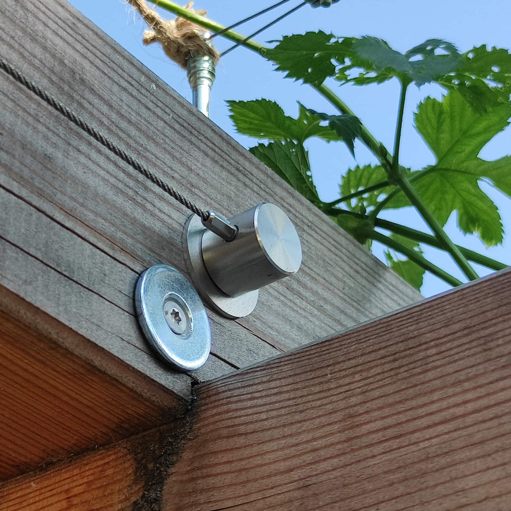 Pergola-Markise-mit SPANNMAXXL-Wolkenbahn mit passgenauen Edelstahl-Spannseilen und gefrästen Massiv-Edelstahlzylindern