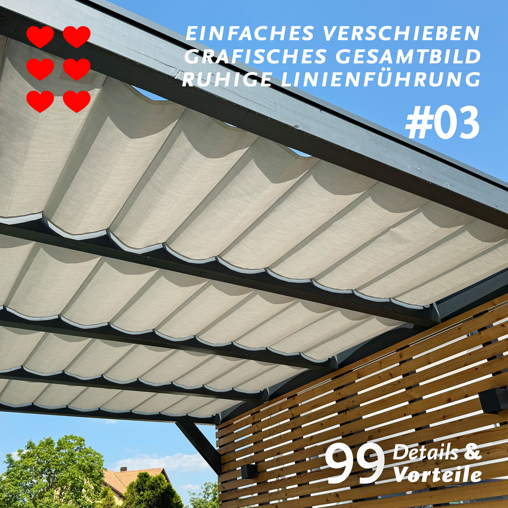 Bei der SPANNMAXXL-Pergolamarkise PSXL erzeugen die in genähten Tunnel eingescho-benen Alurohre eine klare, grafische Optik und verbessern die Beweglichkeit der Markise auf den Spannseilen.