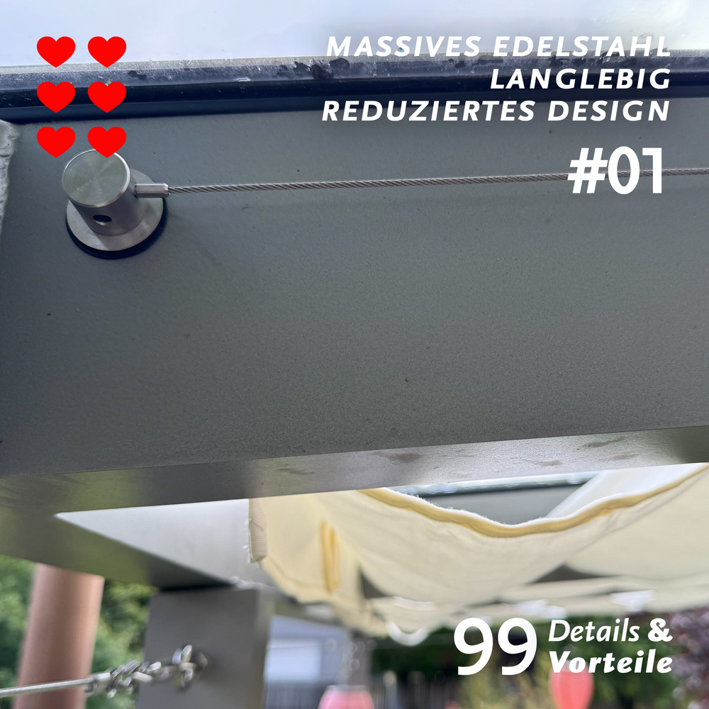 Langlebige Edelstahlzylinder in Pergolamarkise PSXL von SPANNMAXXL für Pergola-Konstruktionen aus Holz, Aluminium, Stahl