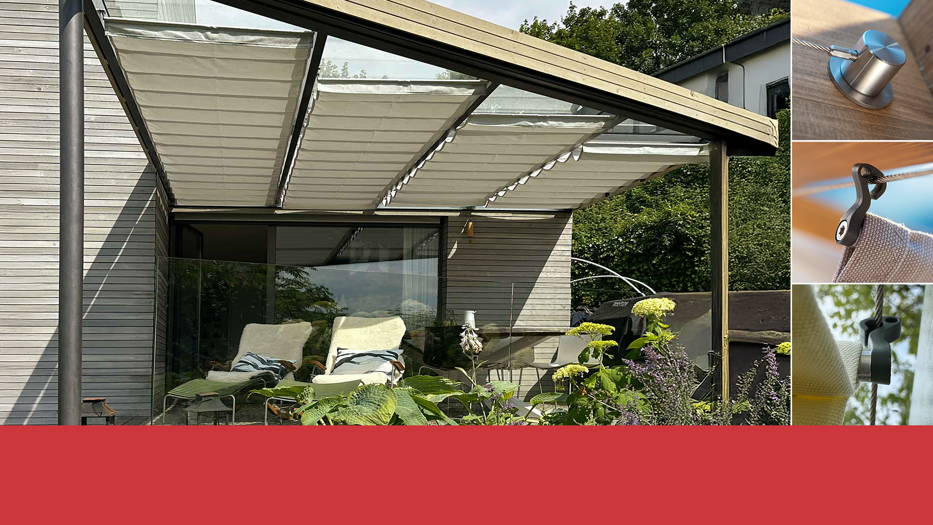 Pergolamarkise im hochwertigen Terrassendach eines Architektenhauses