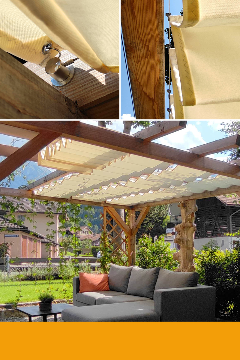 Pergolamarkise in einer Pergola aus Holz als Wohnzimmer im Garten