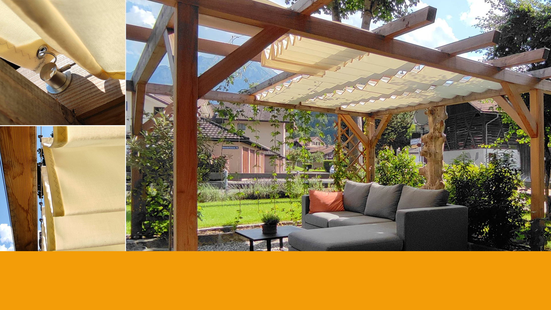 Pergolamarkise in einer Pergola aus Holz als Wohnzimmer im Garten