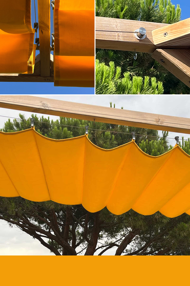 Pargolamarkise im Pergoladach mit Details der SPANNMAXXL-Markisen-Technik