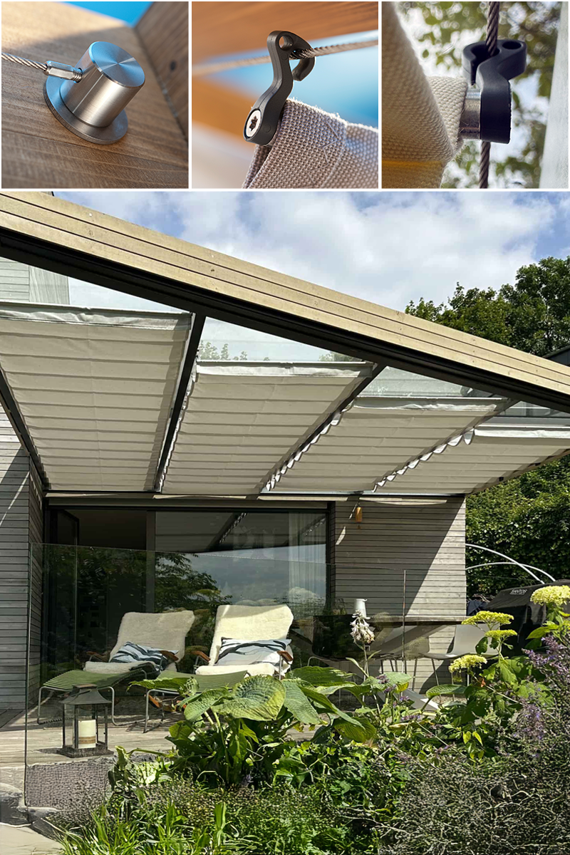Seilspannmarkise in Terrassenüberdachung aus Holz in moderner Architektur als Sonnenschutz und Beschattung der Terrasse