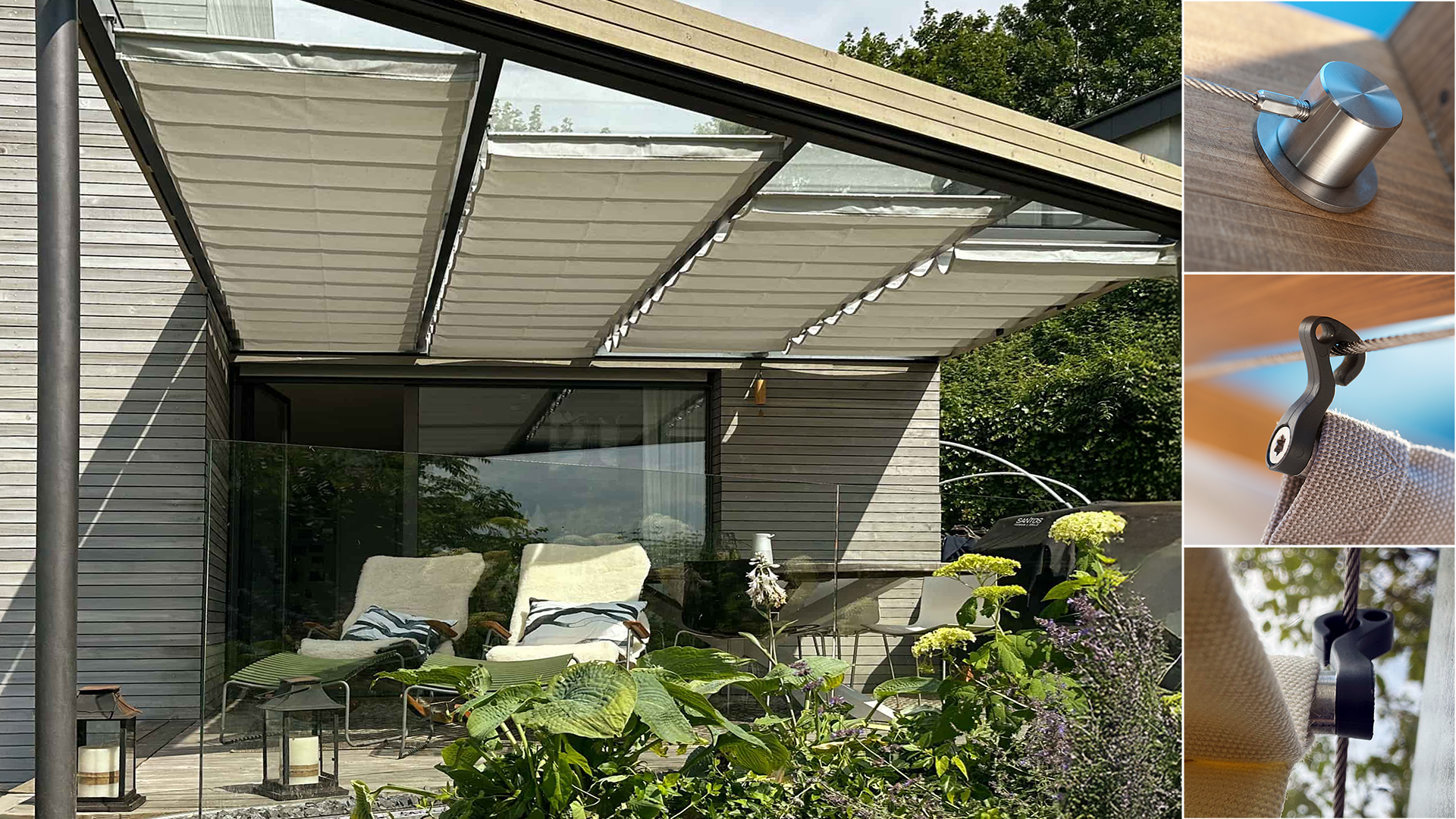 Seilspannmarkise in Terrassenüberdachung aus Holz in moderner Architektur als Sonnenschutz und Beschattung der Terrasse
