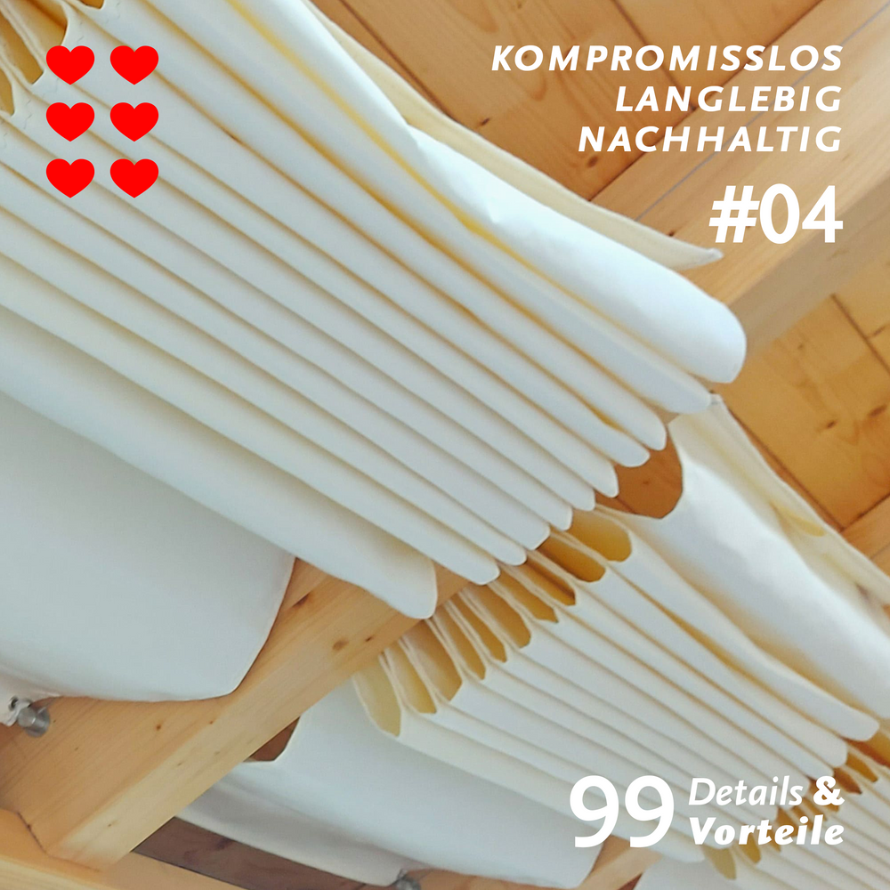 Hochwertige und langlebige Materialien wie ACRYL-Textilien sind ein großer Vorteil der Per-golabeschattung von SPANNMAXXL