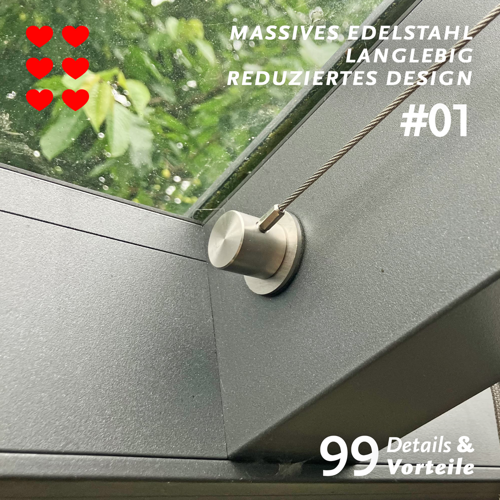 Vorteil zwei bei Pergolamarkise-PSXL sind die Edelstahlzylinder-mit einfacher Montage in Pergoladach aus Aluminium