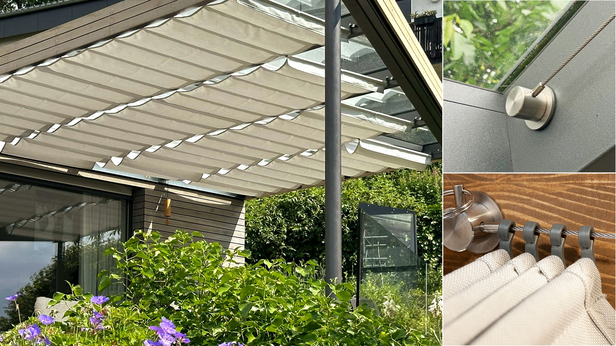 Beschattung in Terrssenüberdachung und Pergola mit Wolkenbahn-Seilspannmarkisen als Wolkenbahm im SPANNMAXXL-Design