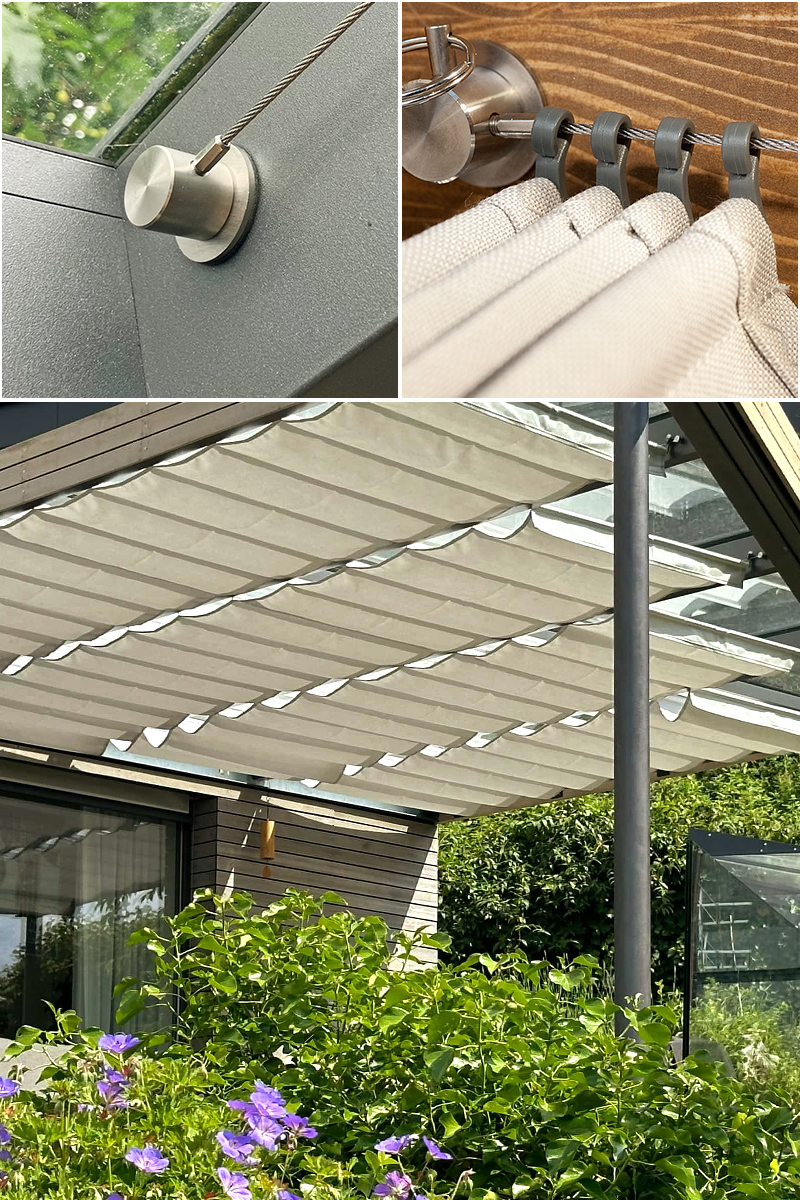 Beschattung in Terrssenüberdachung und Pergola mit Wolkenbahn-Seilspannmarkisen als Wolkenbahm im SPANNMAXXL-Design