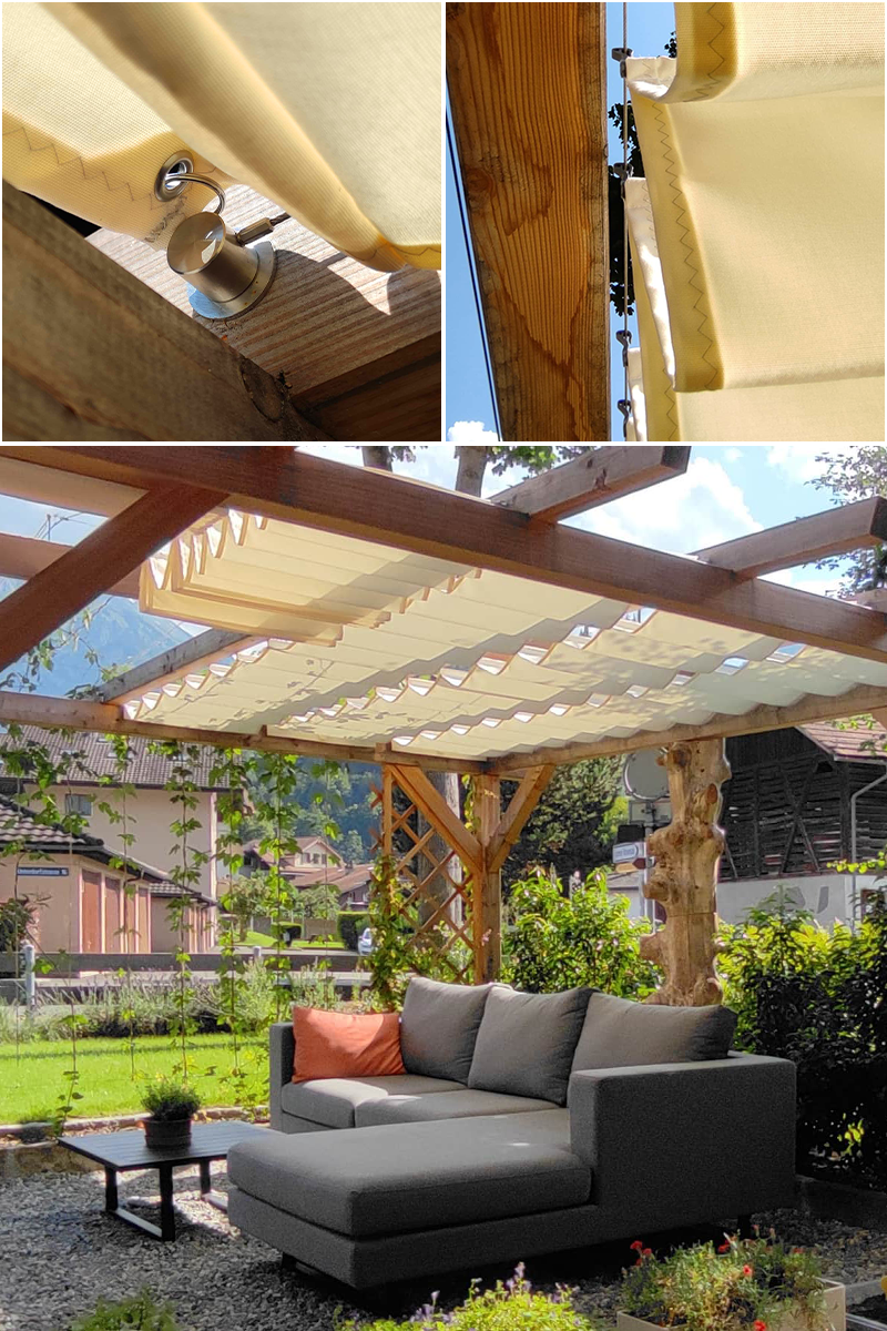 Pergolamarkise aus Holz mit Markise in Seilspanntachnik aus Wolkenbahnen mit Design-Optik von SPANNMAXXL. Selber machen möglich.