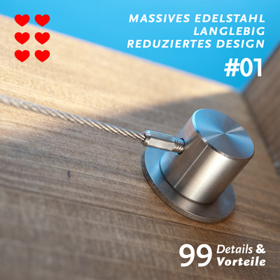 Vorteil 01 der SPANNMAAXXL-Seilspannmarkise mit Zylinder, gefräst aus massivem Edelstahl, bietet einfache Montage. 