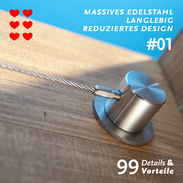 Vorteil 01 der SPANNMAAXXL-Seilspannmarkise mit Zylinder, gefräst aus massivem Edelstahl, bietet einfache Montage. 