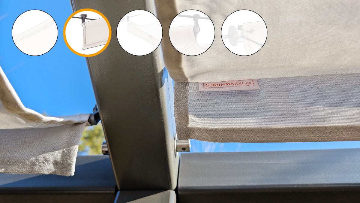 Terrassenbeschattung TBSXL mit Volant als Abschluss der Wolkenbahn 