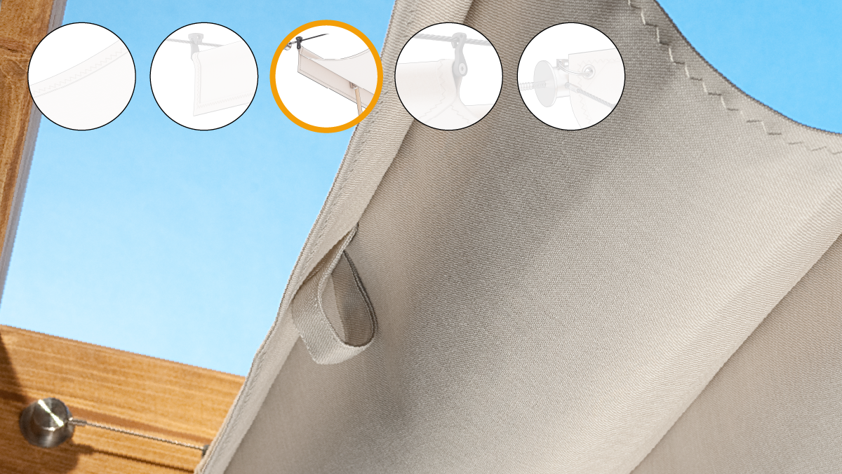 Pergola-Markisen-Sonnenschutz-Wolkenbahn mit eingearbeitetem V-Griff im Volant