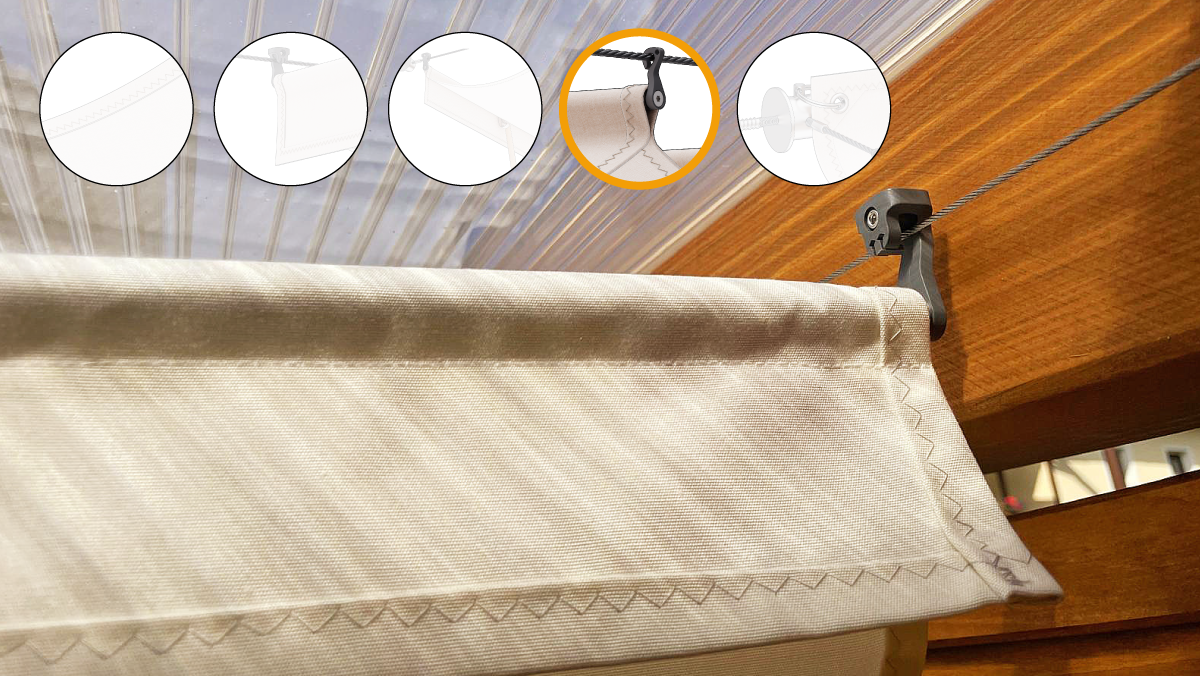 Wintergartenbeschattung Innen mit eingenähtem Tunnel für Alurohre