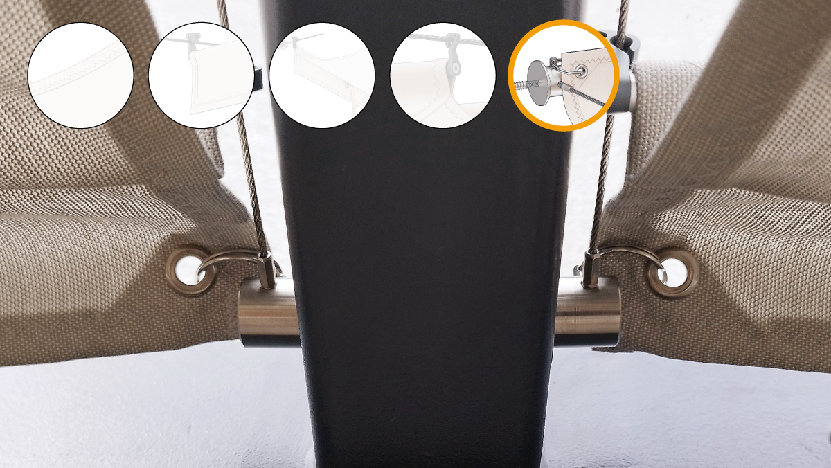 Seilspnnmarkise-SPANNMAXXL mit hochwertigen Edelstahlösen in den Ecken