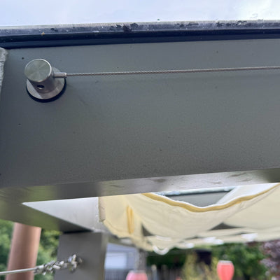 Seilspannmarkise passgenau auf Maß komplett als Set mit Edelstahlylindern im Terrassendach aus Holz, Stahl, oder Aluminium.