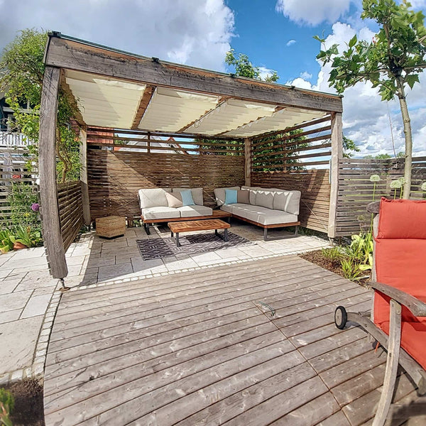 Pergolamarkise als Sonnenschutz im Terrassendach als Lounge-Ecke: Beschattung auf Maß mit Designanspruch zu selber machen