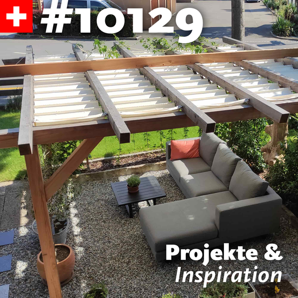 Pergola-Markise in Holz-Pergola auf Maß mit eingenähten Alurohren, passgenauen Edelstahl-Spannseilen-und massiven Zylindern