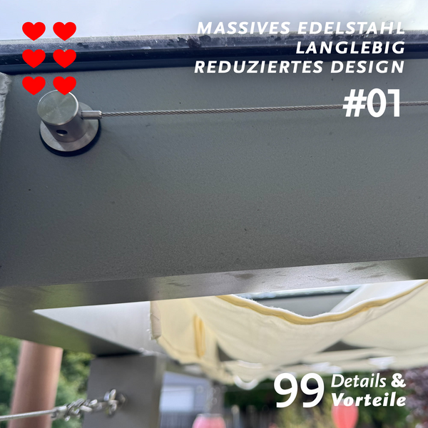 Langlebige Edelstahlzylinder in Pergolamarkise PSXL von SPANNMAXXL für Pergola-Konstruktionen aus Holz, Aluminium, Stahl