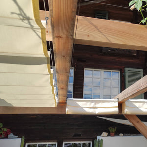 Pergola-Markise mit passgenauer Seilspanntechnik als Textiles Pergoladach und Überdachung in der Garten-Terrasse 