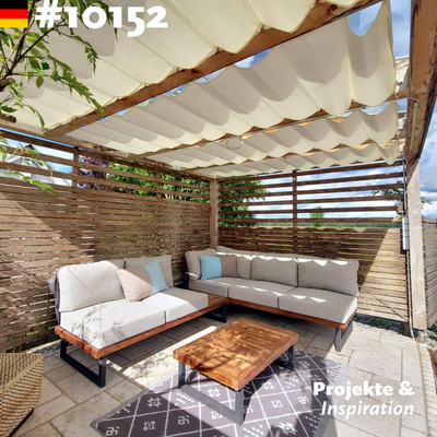 Pergolamarkisen-Beschattung in Holz-Pergola mit hochwertigen Edelstahl-Spannseilen auf Maß für einfache Montage. 