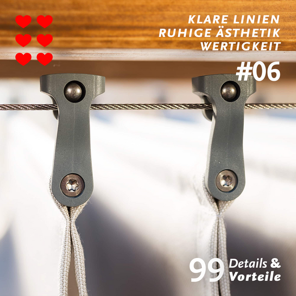 Vorteil Nummer 6 bei Spannmaxxl-Seilspannmarkisen: ruhiges Design, einheitliche Linien, Klarheit und wiederkehrende Formensprache