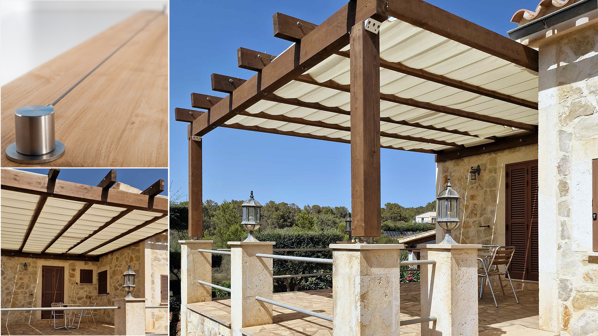 Terrassenbeschattung mit Seilspannmarkise in Terrassendach aus Holz.  Einfache Montage mit Zylindern aus massivem Edelstahl.