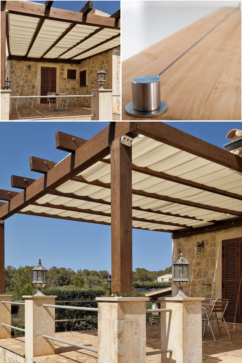 Terrassenbeschattung mit Seilspannmarkise in Terrassendach aus Holz.  Einfache Montage mit Zylindern aus massivem Edelstahl.